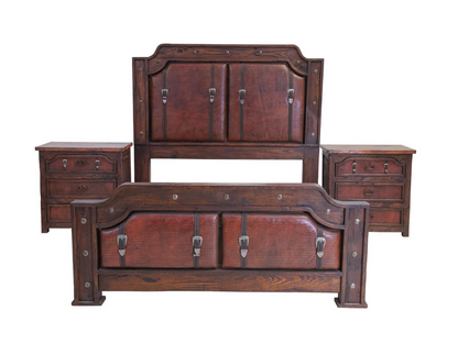 Sierra Saddle Dark Walnut Bedroom Set (5-Piece) With Dark Red Crocodile Print Leather & Strap Accents, Hand-Carved - Includes Full Service Delivery