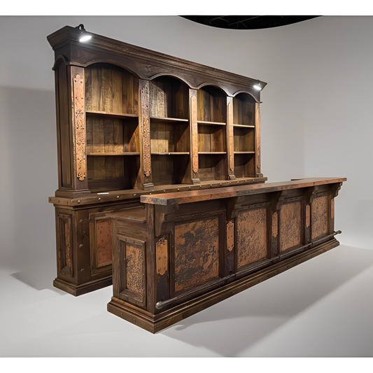 Sunset Ridge Copper 2-Piece Bar & Hutch Set | 12 ft wide | Hand-Carved | Iron Nailhead Trim & Foot Rail