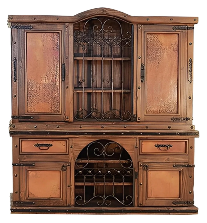 Long Canyon Grid Door Copper Hutch With Wine Rack Vitrina (Includes Top And Bottom)