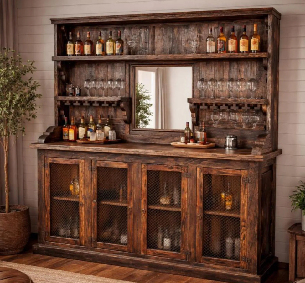 Old West Rustic Bar Back Hutch with Wine Glass Storage & Display Shelves, Hand-Carved