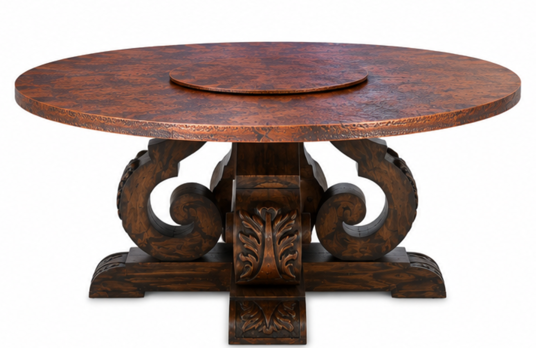 Seville Round Dining Table | Handcrafted Copper Top & Ornate Hand-Carved Wood Base | Revolving Server