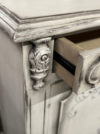 Marcilly-sur-Maulne Antique White Dining Room Buffet Table, Distressed Wood - 17.5 x 77.5 x 41.5