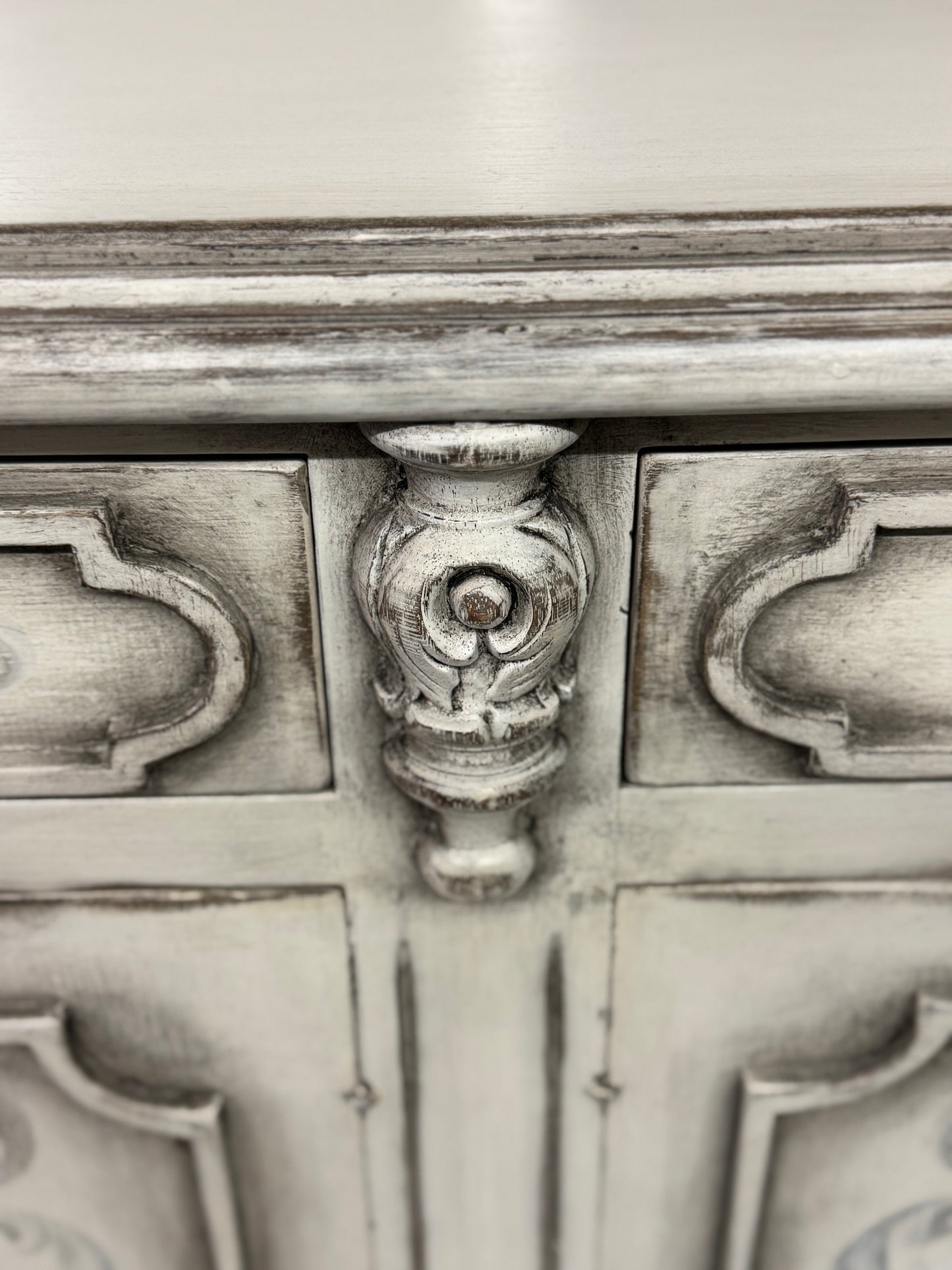 Marcilly-sur-Maulne Antique White Dining Room Buffet Table, Distressed Wood - 17.5 x 77.5 x 41.5