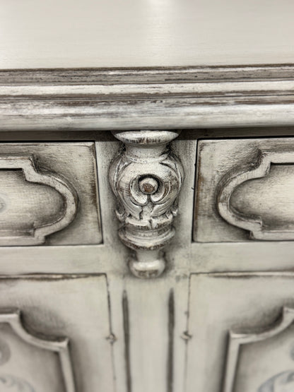 Marcilly-sur-Maulne Antique White Dining Room Buffet Table, Distressed Wood - 17.5 x 77.5 x 41.5