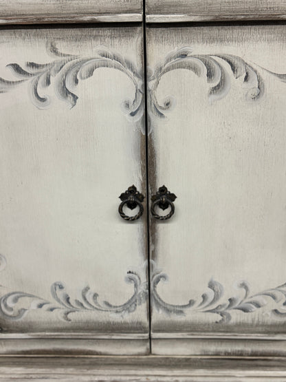 Marcilly-sur-Maulne Antique White Dining Room Buffet Table, Distressed Wood - 17.5 x 77.5 x 41.5