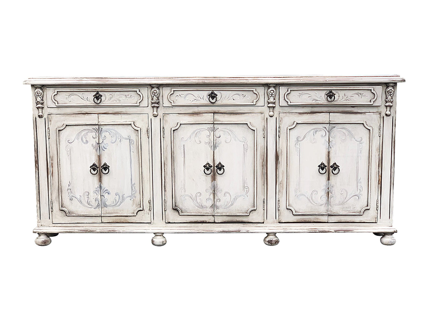 Chambord Ivory Distressed Dining Room Buffet Table 13 x 90 x 41, European Vintage Charm