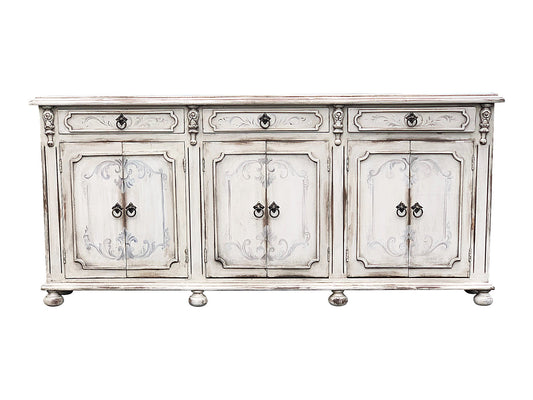 Chambord Ivory Distressed Dining Room Buffet Table 13 x 90 x 41, European Vintage Charm