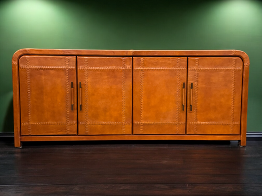 Villesavin Cognac Leather Handcrafted Dining Room Buffet Table - 19 x 78 x 33