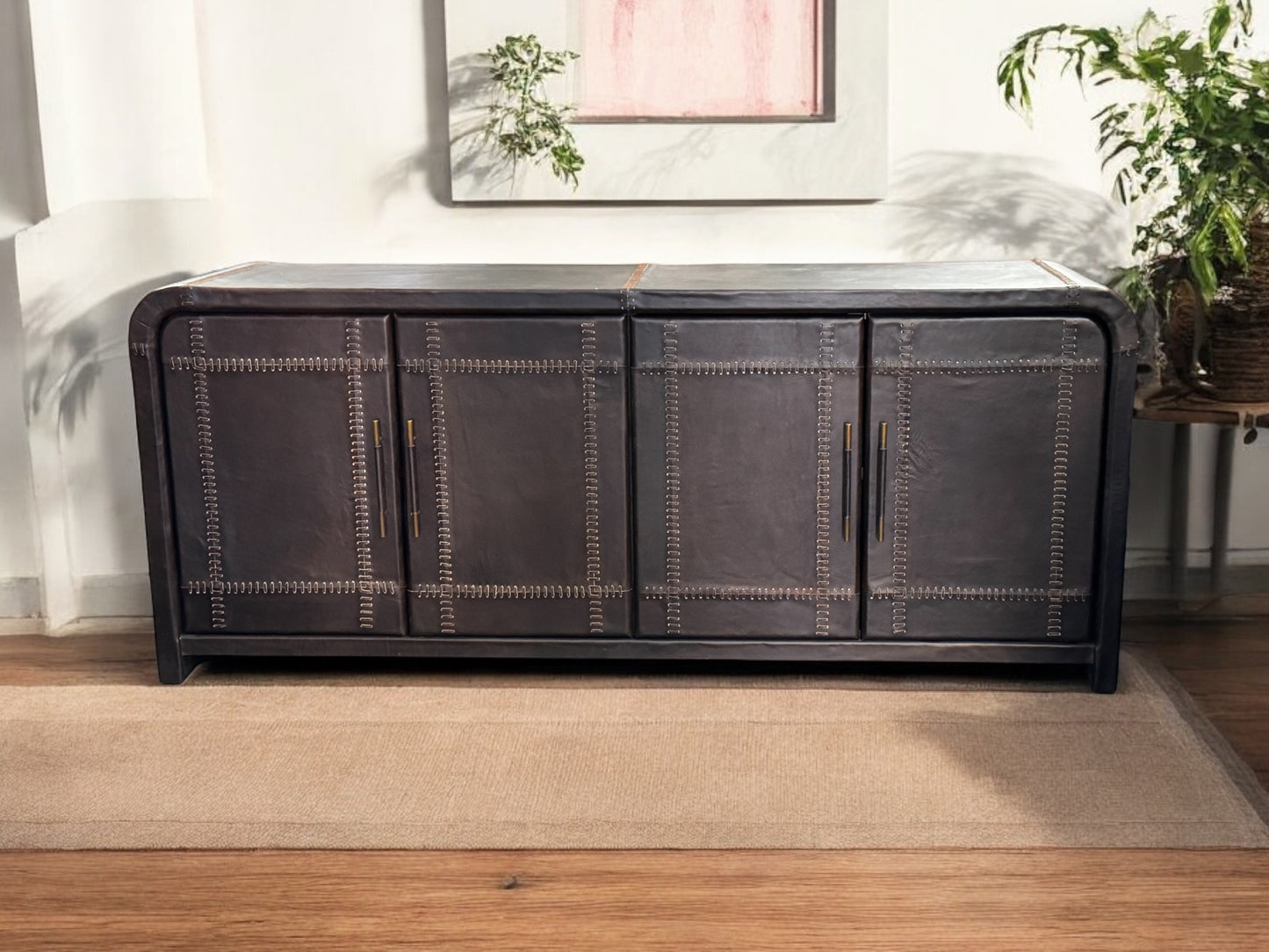 Boisgibault Lux Leather Dining Room Sideboard Buffet With Studded Panels, 19 x 78 x 33