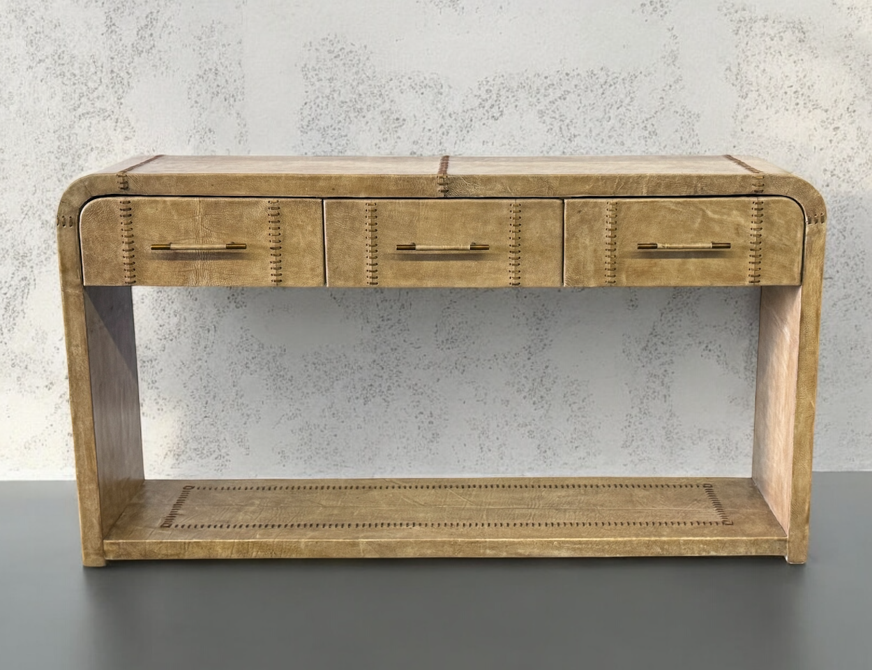 Saint-Junien Console Table, Antique Gold Finish, Hand Stitched Leather Trim, Four Small Drawers