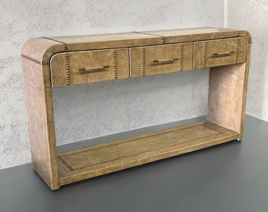 Saint-Junien Console Table, Antique Gold Finish, Hand Stitched Leather Trim, Four Small Drawers