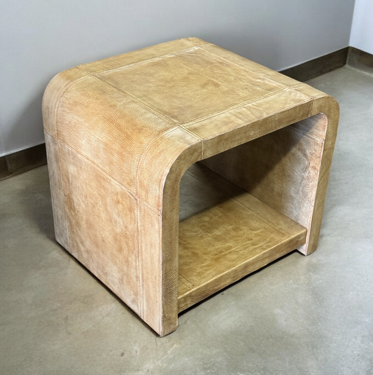 Les Vans End Tables (2-Pack), Tan Faux Leather, Curved Arch Frame With Lower Shelf