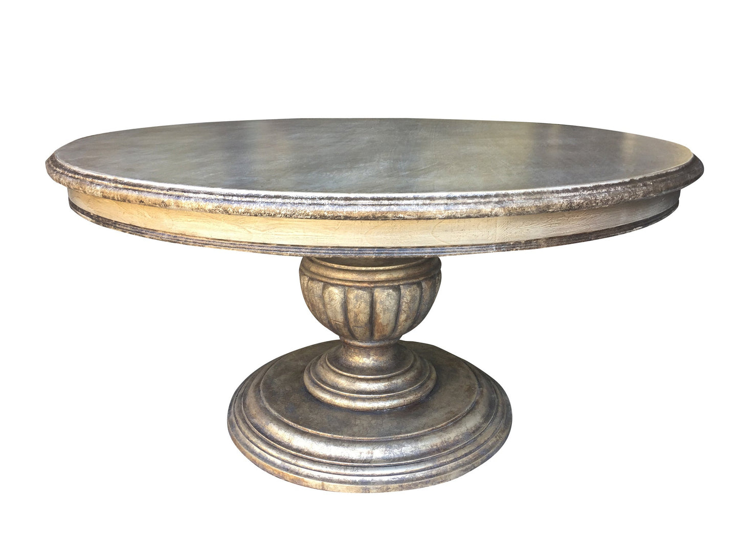 Château-Chalon Dining Table - Round, Antique Silver, Distressed Fluted Pedestal