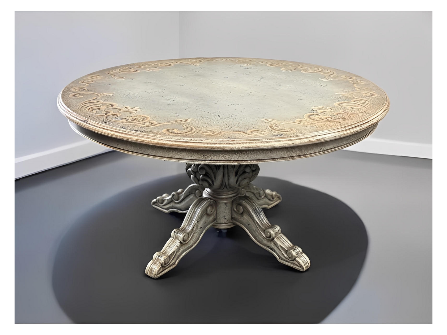 Anduze Dining Table - Round, Weathered Gray, Ornate Pedestal Base With Acanthus Scroll Feet