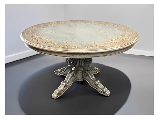 Anduze Dining Table - Round, Weathered Gray, Ornate Pedestal Base With Acanthus Scroll Feet