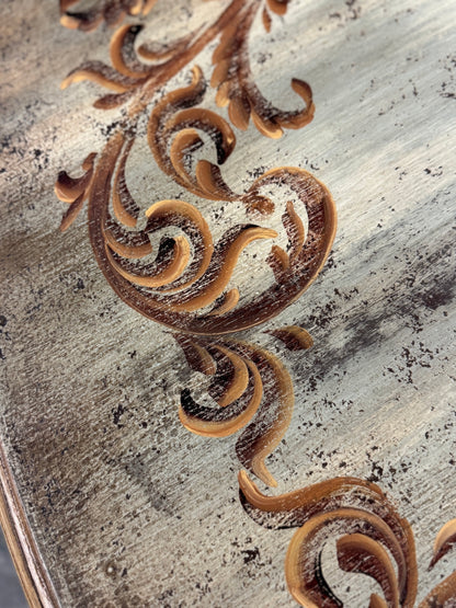 Barjac Dining Table - Round, Distressed Antique White Finish With Weathered Top And Intricately Carved Pedestal Base