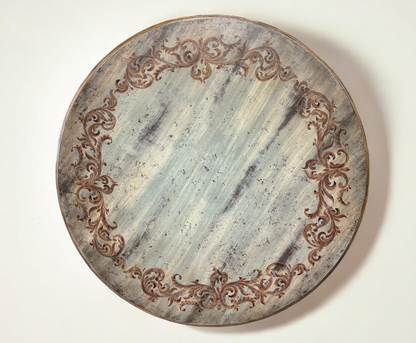 Barjac Dining Table - Round, Distressed Antique White Finish With Weathered Top And Intricately Carved Pedestal Base