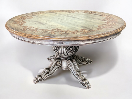 Barjac Dining Table - Round, Distressed Antique White Finish With Weathered Top And Intricately Carved Pedestal Base