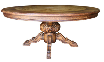 Carennac Dining Table - Round, Antique Brown, Intricately Carved Pedestal With Acanthus Leaf Motif
