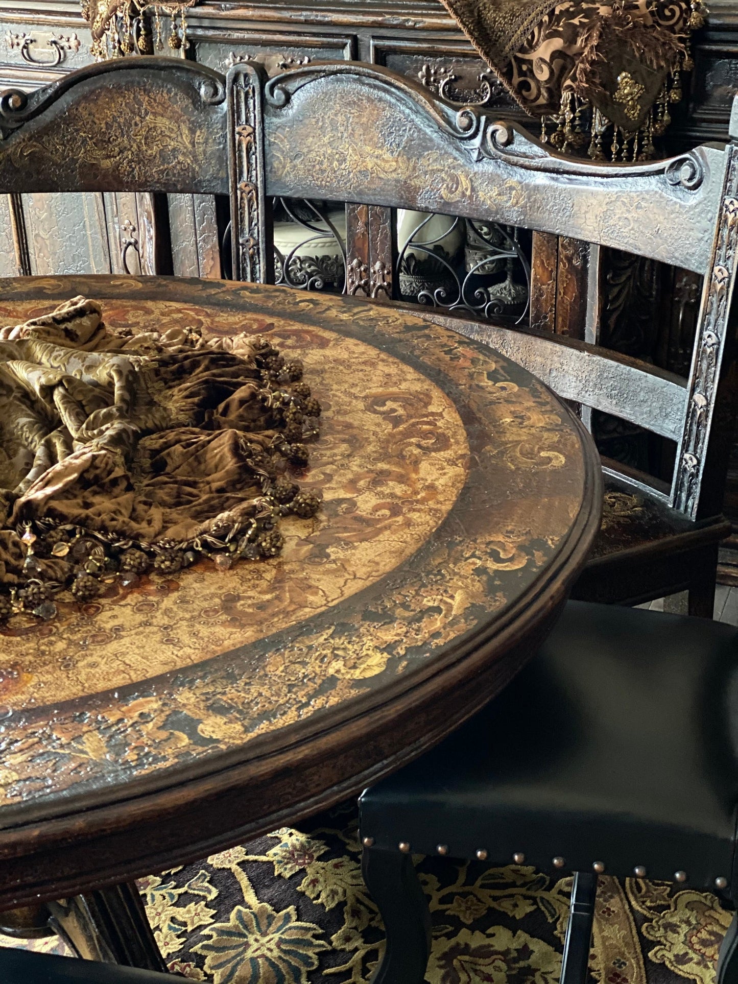 Besse-sur-Issole Dining Table - Round, Espresso, Ornate Carved Pedestal With Mosaic Inlay Top