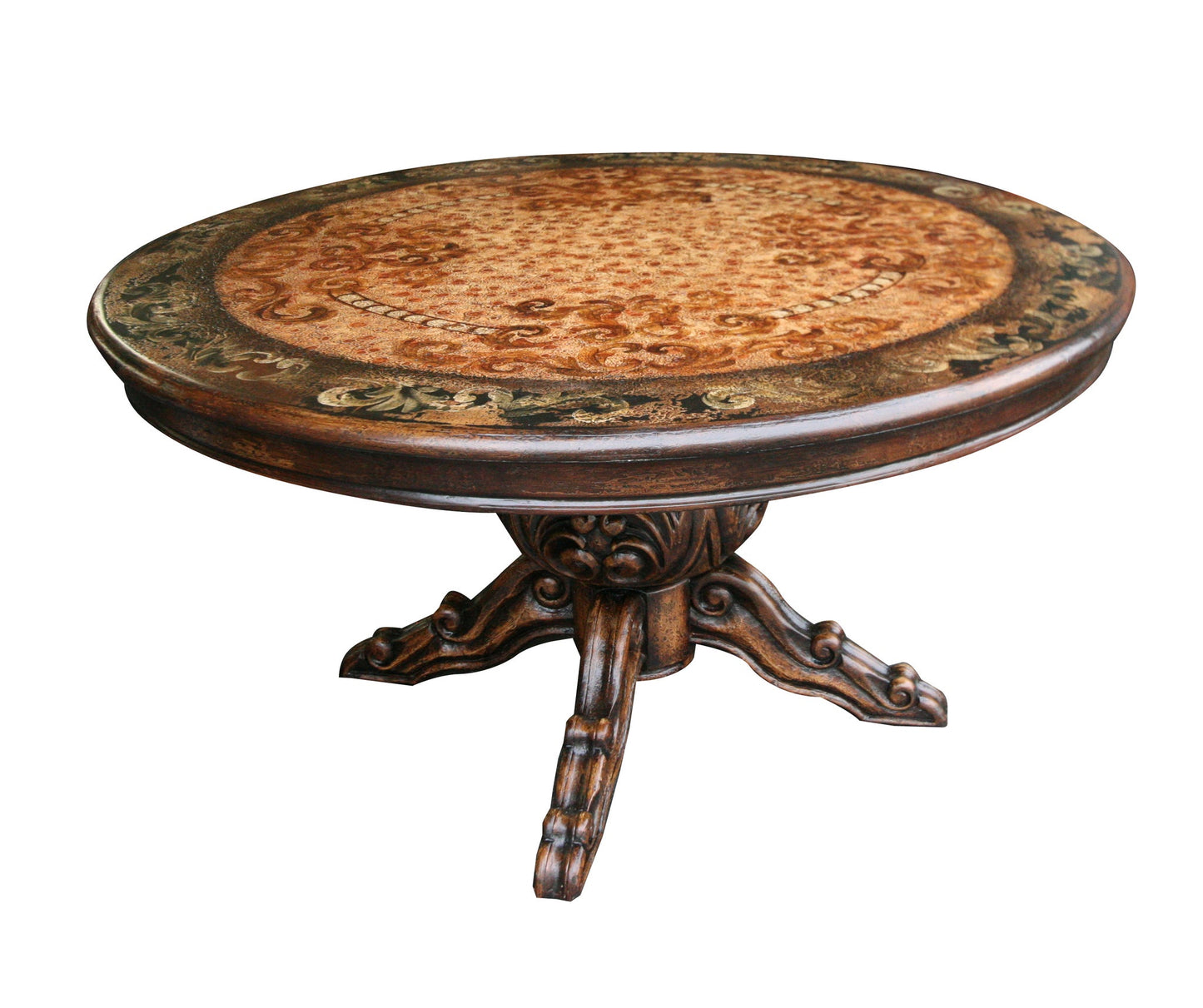 Besse-sur-Issole Dining Table - Round, Espresso, Ornate Carved Pedestal With Mosaic Inlay Top