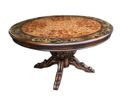 Besse-sur-Issole Dining Table - Round, Espresso, Ornate Carved Pedestal With Mosaic Inlay Top