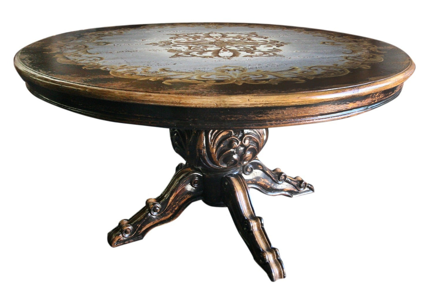 Castelnou Dining Table - Round, Dark Walnut, Antique Gold Floral Inlay on a carved pedestal base