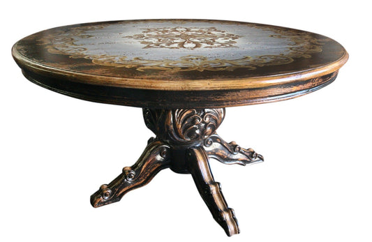 Castelnou Dining Table - Round, Dark Walnut, Antique Gold Floral Inlay on a carved pedestal base