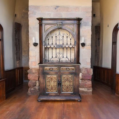 Auray Armoire, Antique Brown, With Ornate Arched Glass Doors And Wrought Iron Grille
