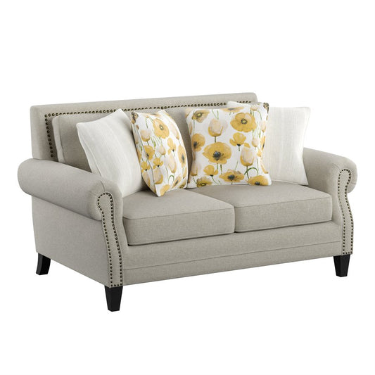 LOVESEAT W / 4 PILLOWS  Beige fabric, Rolled arms, Nailhead Trim