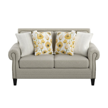 LOVESEAT W / 4 PILLOWS  Beige fabric, Rolled arms, Nailhead Trim