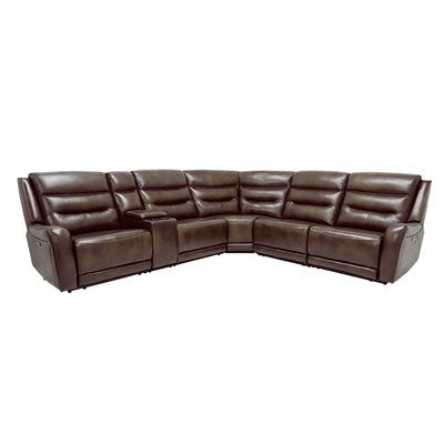6PC - DUAL POWER SECTIONAL W / 3 RECLINERS - BROWN LEATHER