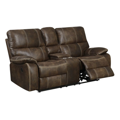 POWER CONSOLE LOVESEAT W / USB POWER OUTLET - BROWN - 2 Recliners