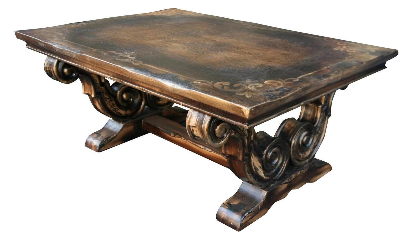 Pontivy Coffee Table - Rectangle, Antique Brown, Hand-Carved Ornate Scroll Base with Distressed Finish