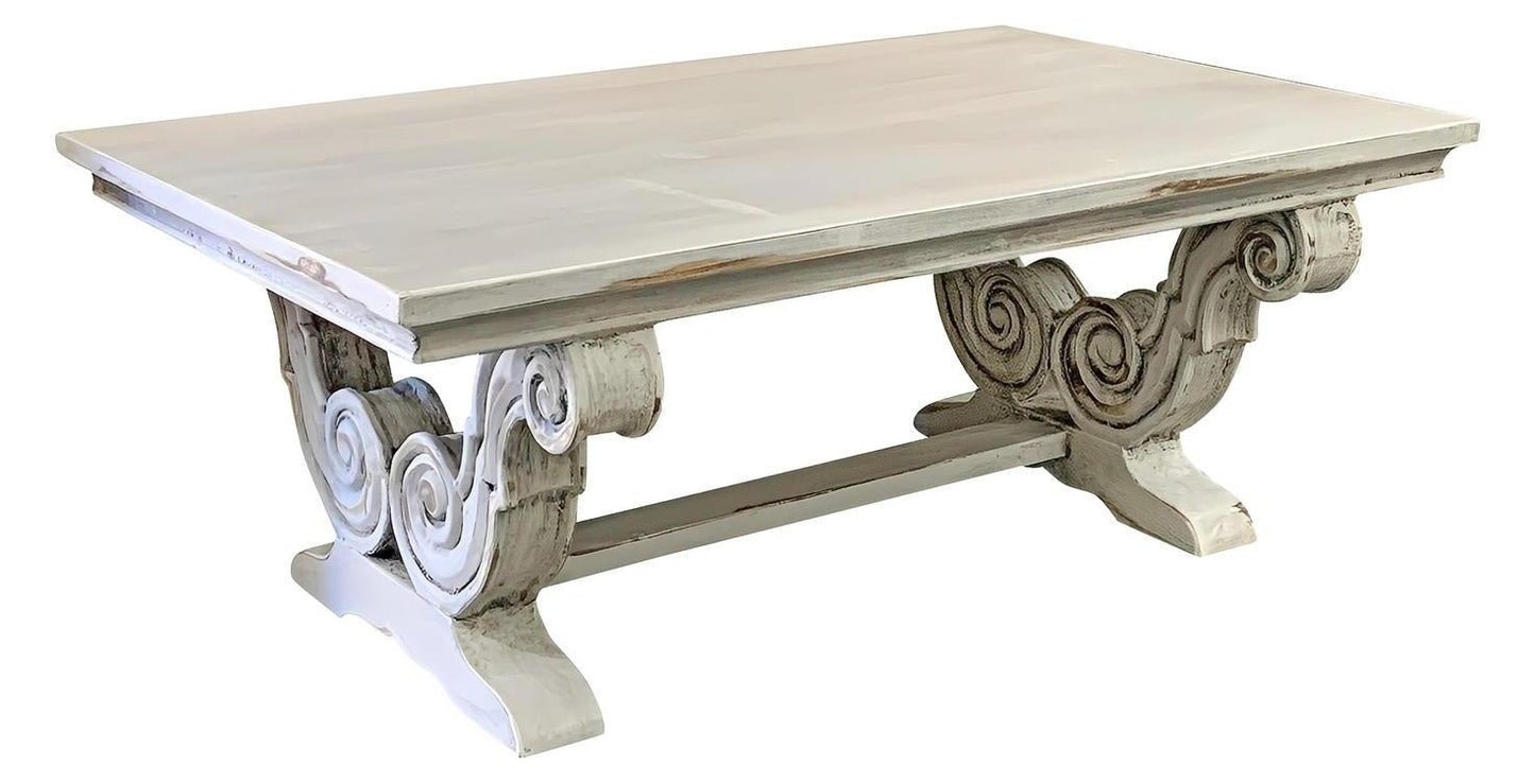 Pont-l’Abbé Coffee table - Rectangle, Distressed Whitewash, Ornate Carved Scrollwork Base