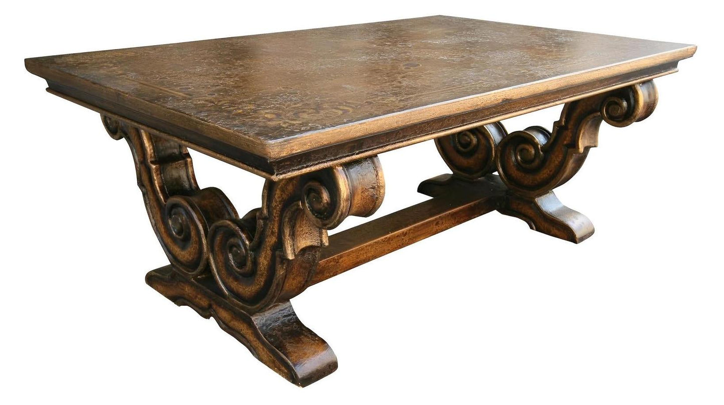 Provins Coffee Table - Rectangle, Antique Brown, Hand-Carved Scrollwork Base, Solid Wood Construction