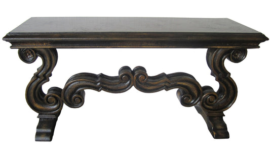 Semur-en-Auxois Console Table, Antique Dark Walnut, Intricately Carved Scrollwork Base