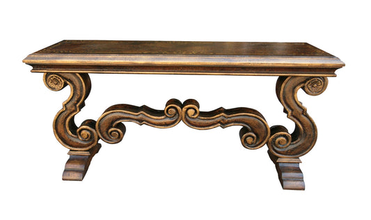 Seillans Console Table, Antique Bronze Finish, Intricate Scrollwork Pedestal Base