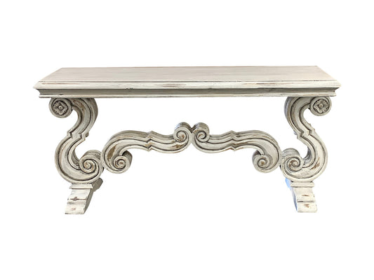 Sarlat-la-Canéda Console Table, Distressed Whitewash, Intricate Hand-Carved Scrollwork Base