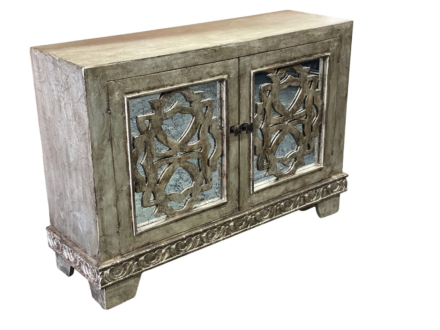 Lourmarin Chest, Silver, Distressed Mirrored Panels With Ornate Fretwork Doors, Antique Finish