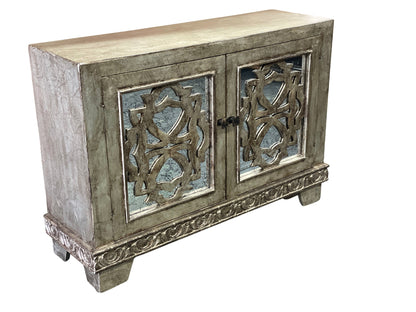 Lourmarin Chest, Silver, Distressed Mirrored Panels With Ornate Fretwork Doors, Antique Finish