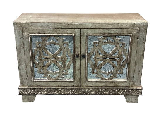 Lourmarin Chest, Silver, Distressed Mirrored Panels With Ornate Fretwork Doors, Antique Finish