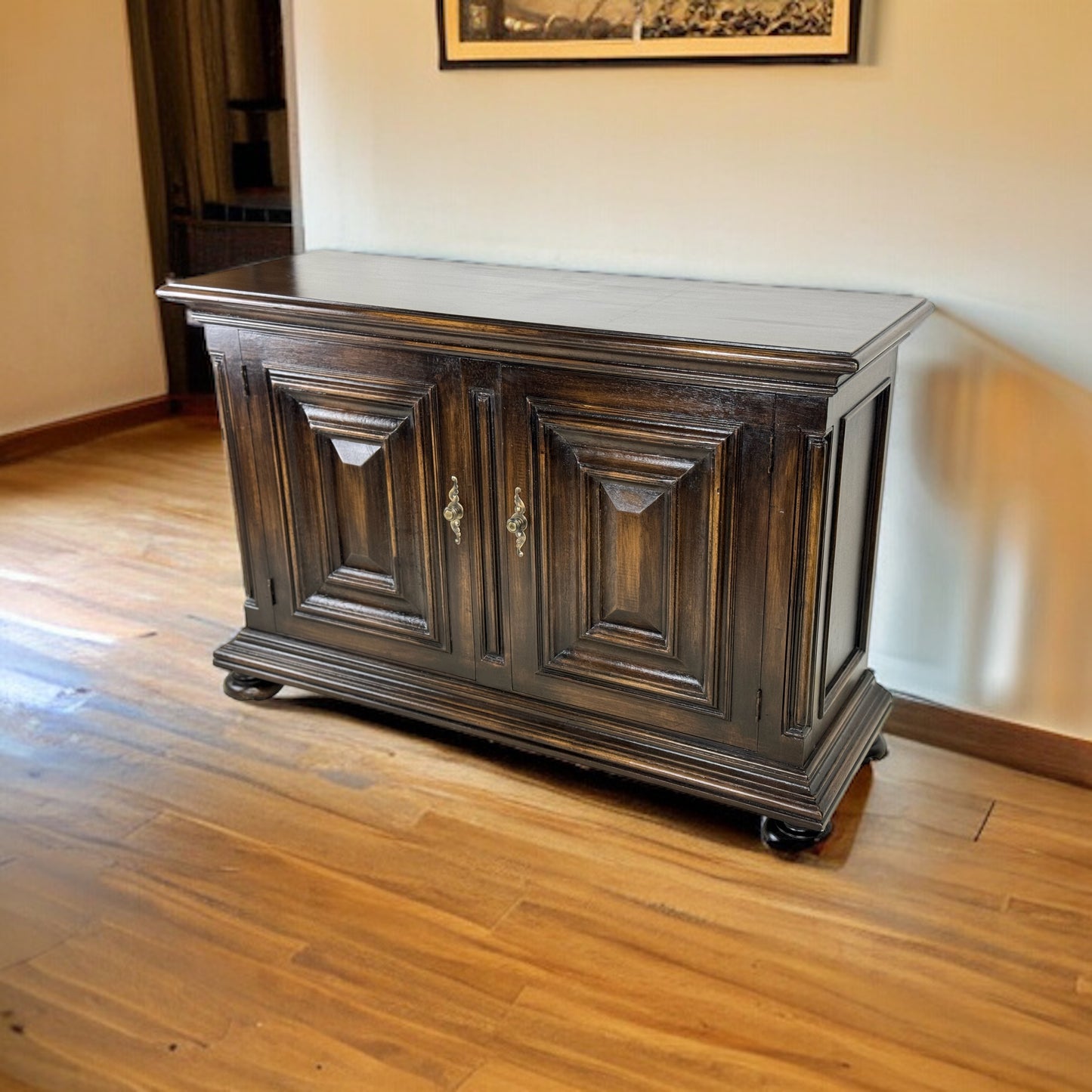 Luynes Chest, Dark Walnut Finish, Antique Brass Hardware, Carved Paneled Doors, Ball Feet