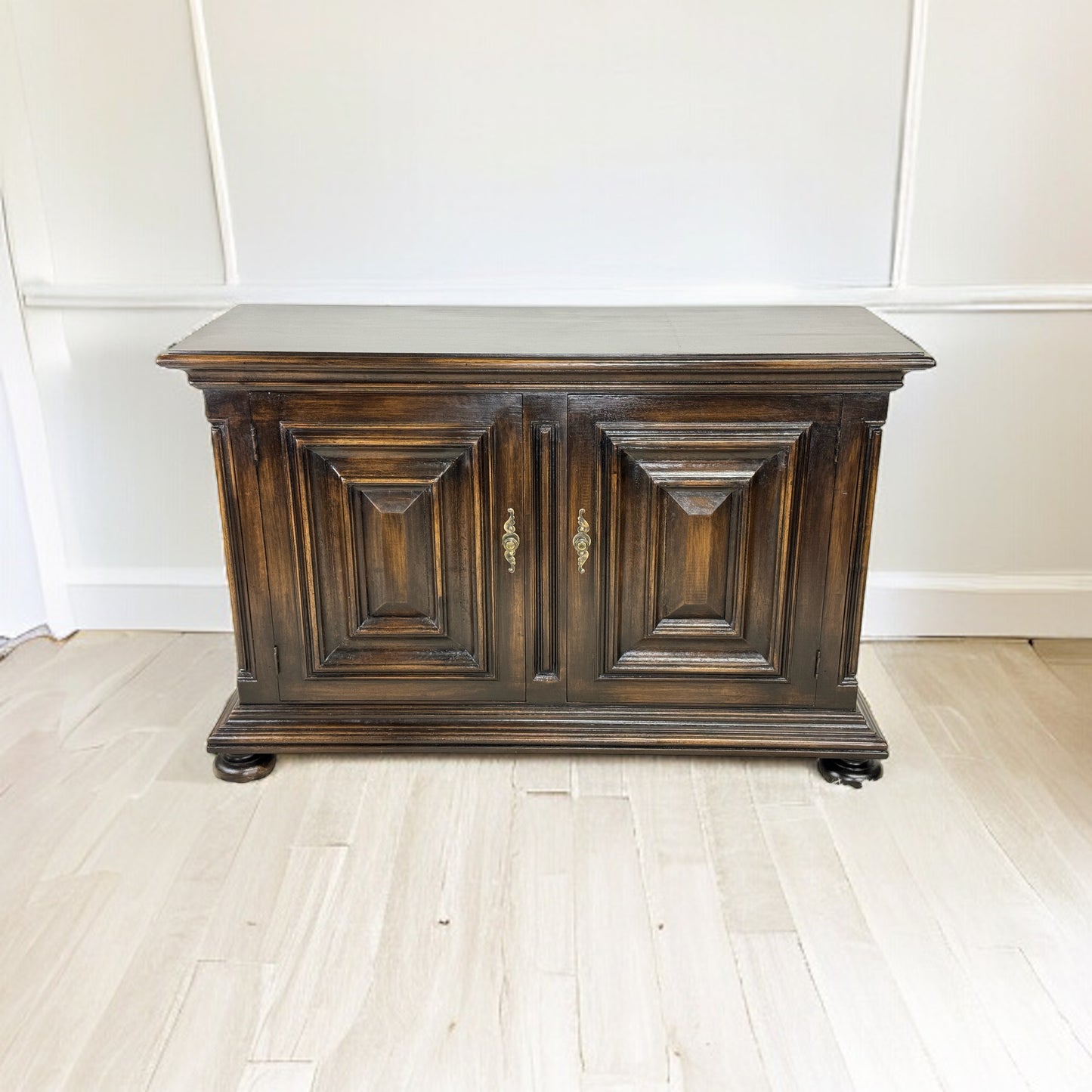 Luynes Chest, Dark Walnut Finish, Antique Brass Hardware, Carved Paneled Doors, Ball Feet
