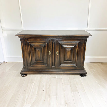 Luynes Chest, Dark Walnut Finish, Antique Brass Hardware, Carved Paneled Doors, Ball Feet