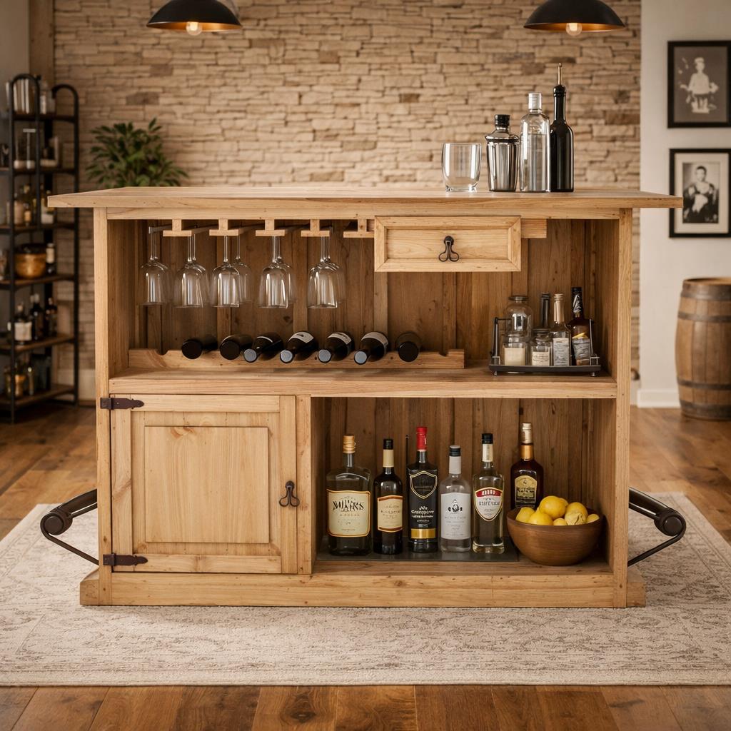 Curved Wooden Bar with a Foot Rail 63"x31"x42"