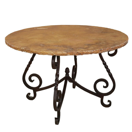 Old World Round Table with Cantera Stone Top & Wrought Iron Base | 29.5 x 48 x