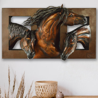 Beauty, Strength & Freedom Horses | Handcrafted Copper Wall Sculpture | Three Running Horses | 38" x 12" x 21"