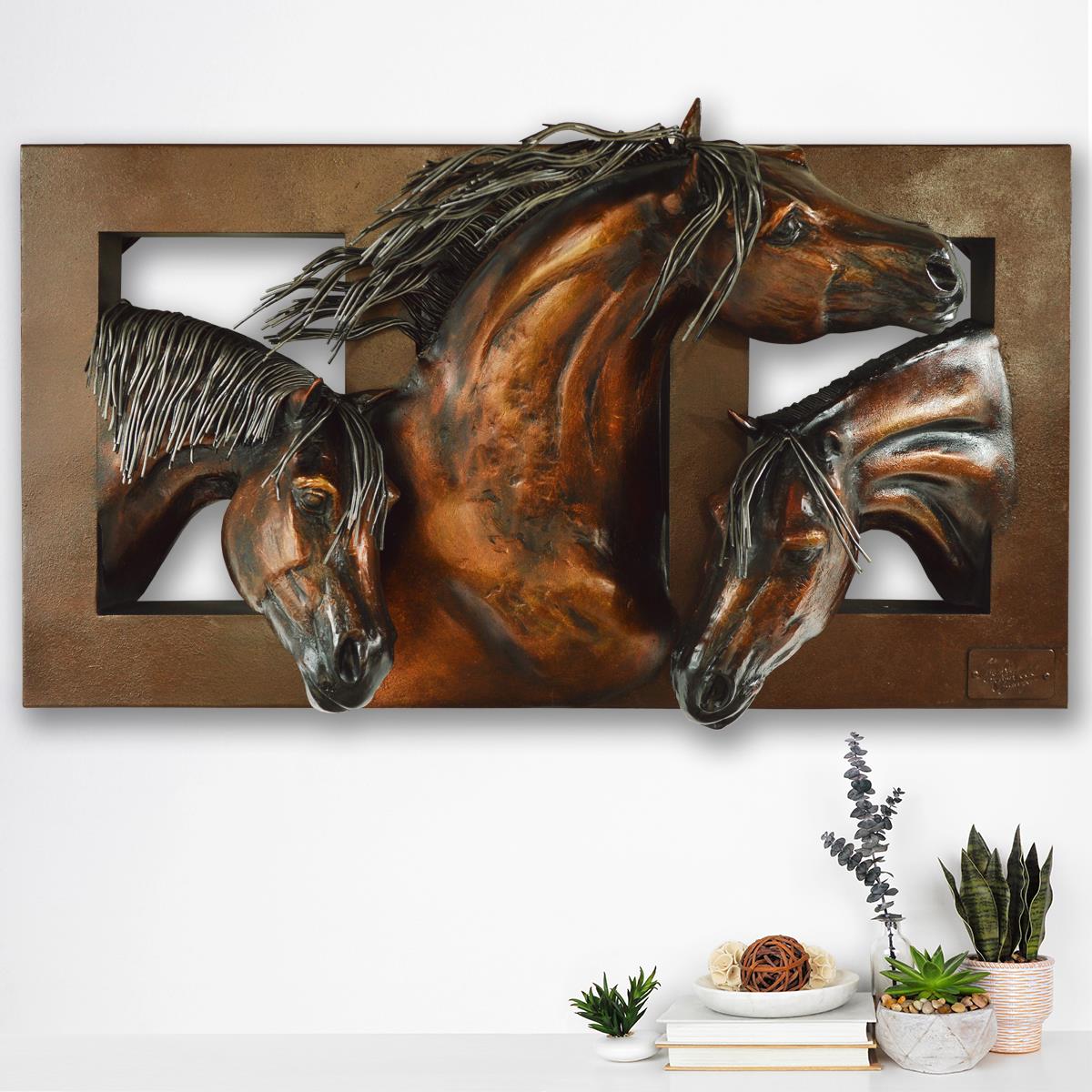 Beauty, Strength & Freedom Horses | Handcrafted Copper Wall Sculpture | Three Running Horses | 38" x 12" x 21"