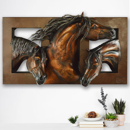 Beauty, Strength & Freedom Horses | Handcrafted Copper Wall Sculpture | Three Running Horses | 38" x 12" x 21"